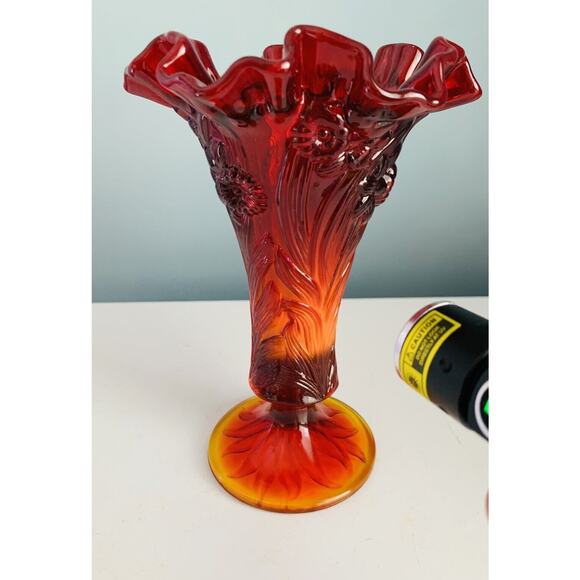 Fenton Ruby Red Amberina Cadmium Glass Stretch Vase Ruffled Tulip Orange Glows - Picture 8 of 11